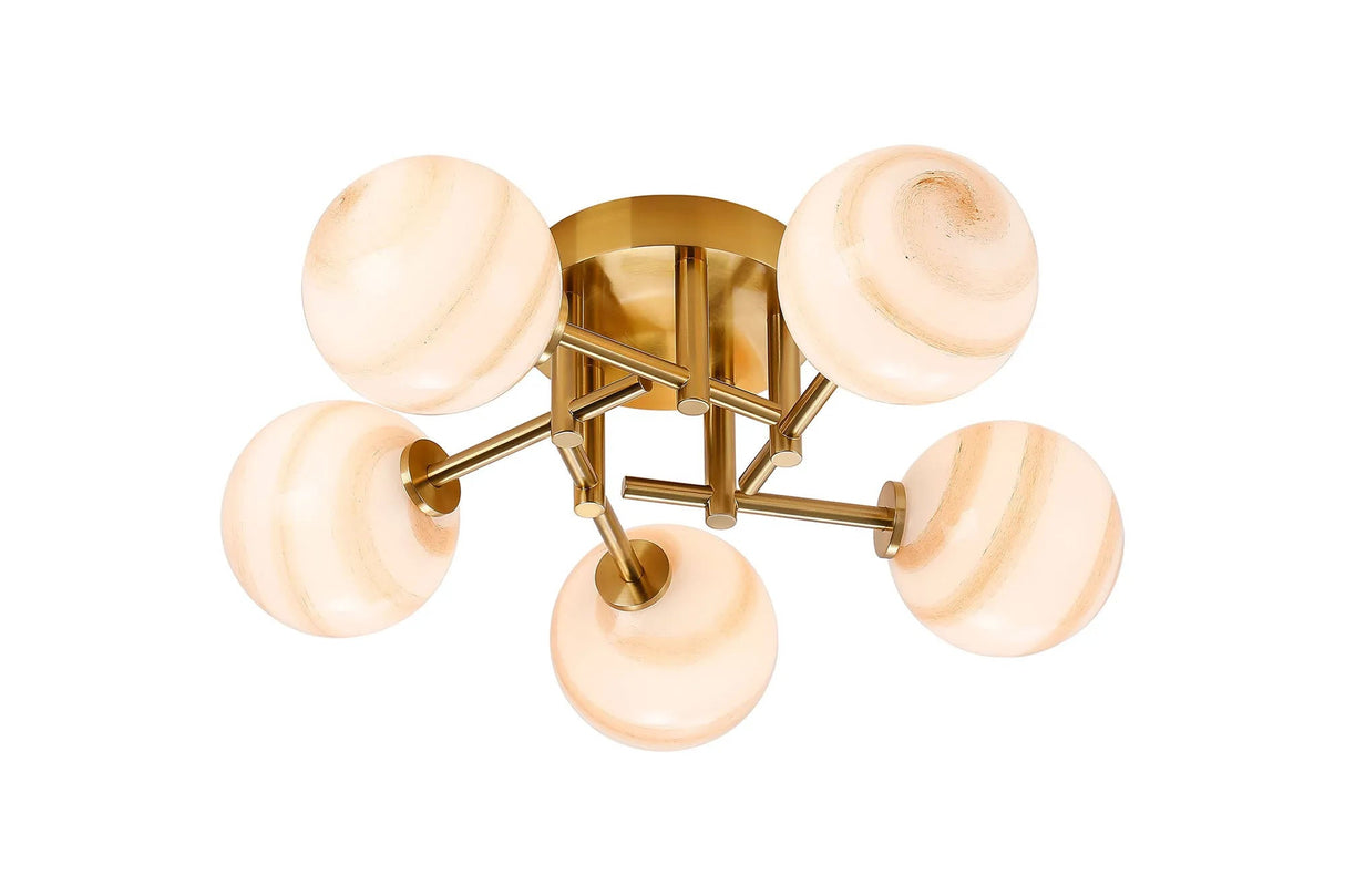 Whitley Round Semi Flush Ceiling 5 Light IP44 Brass Gold/Brown Round Marble Effect Glass