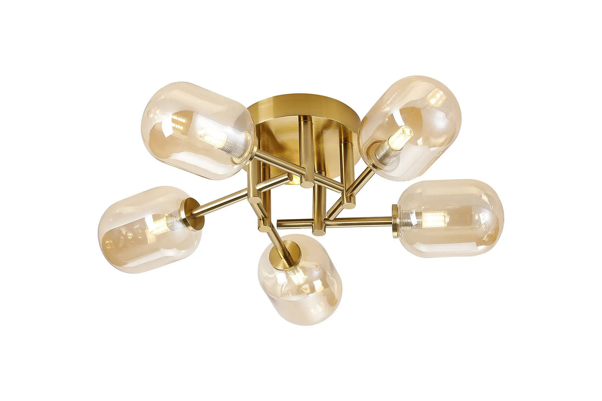 Whitley Round Semi Flush Ceiling 5 Light IP44 Brass Gold/Amber Smooth Tubular Glass