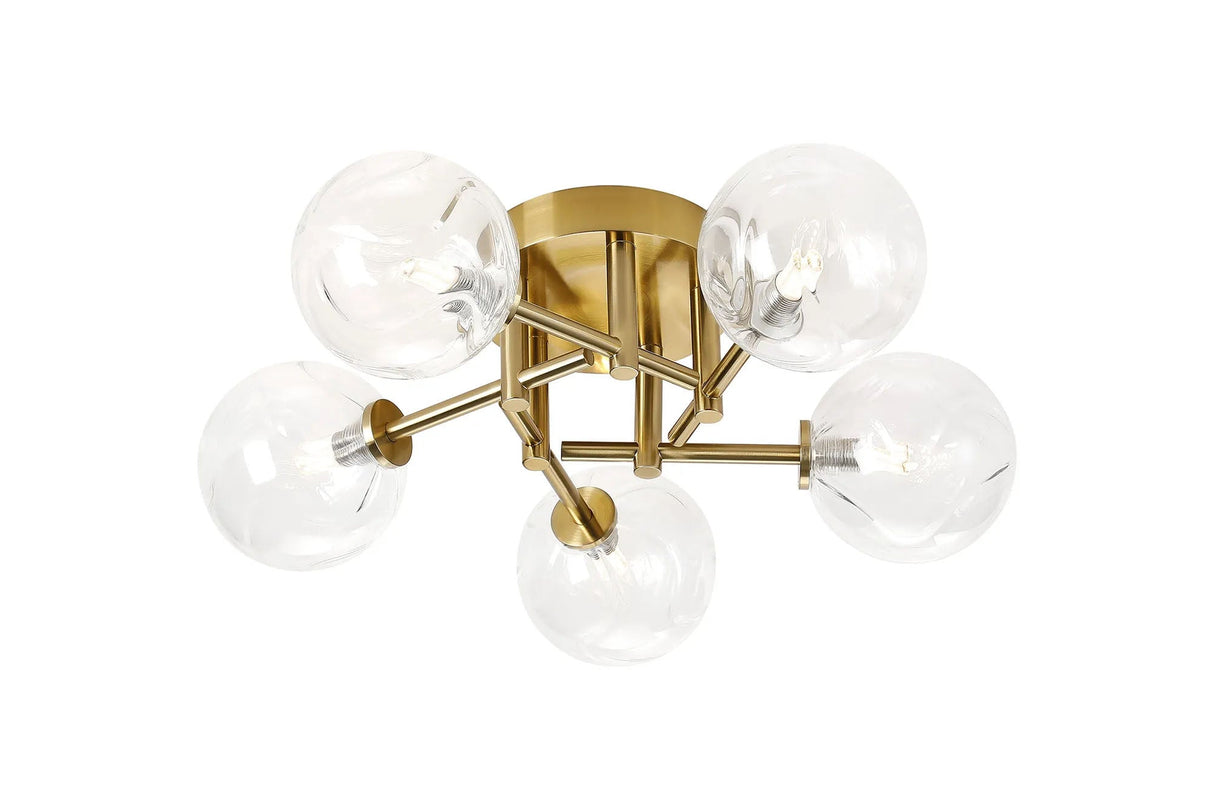 Whitley Round Semi Flush Ceiling 5 Light IP44 Brass Gold/Clear Waved Round Glass