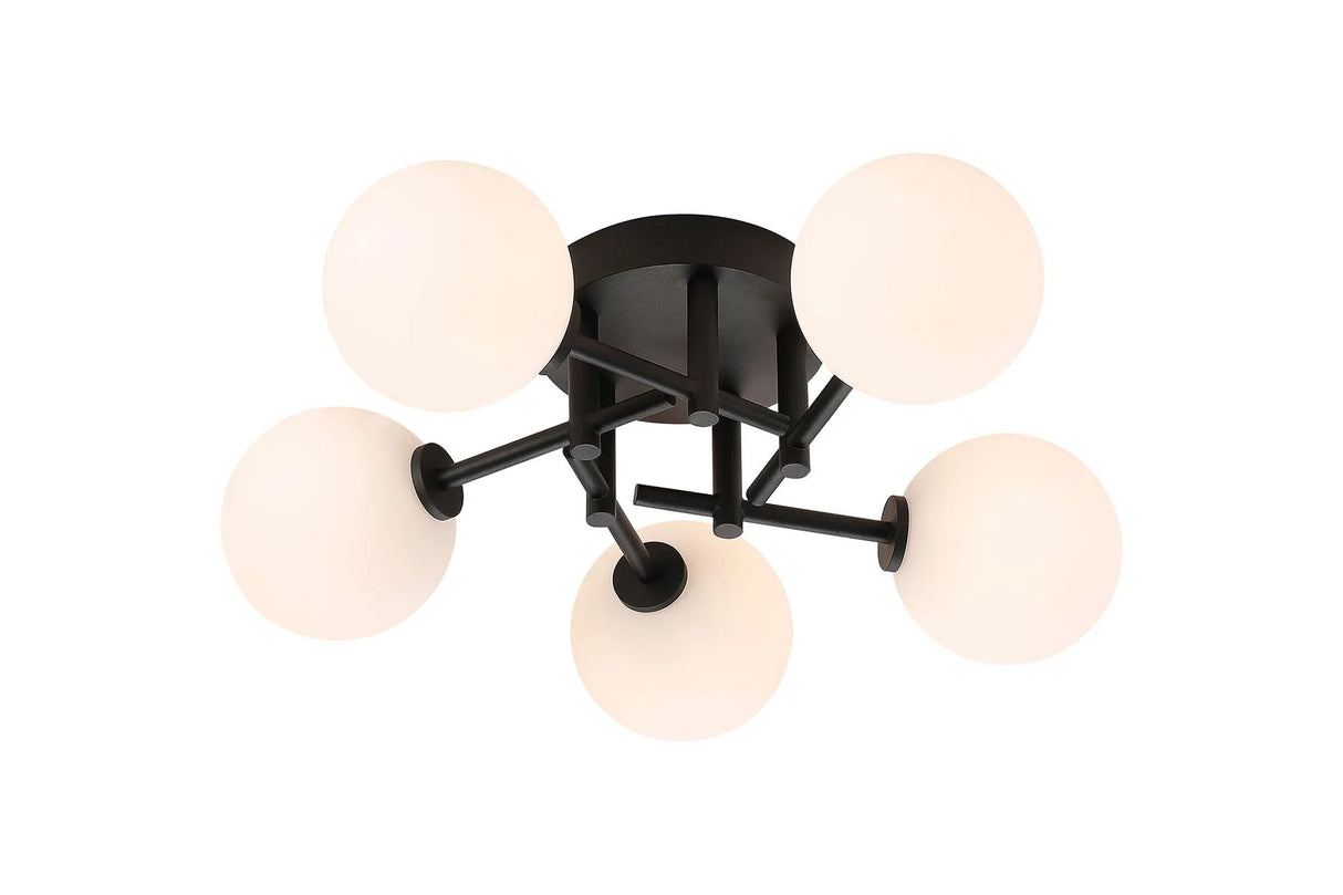 Whitley Round Semi Flush Ceiling 5 Light IP44 Satin Black/Opal Smooth Round Glass