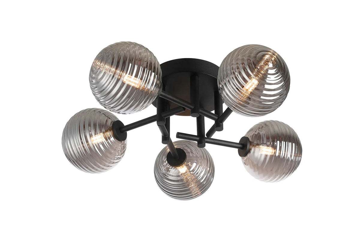 Whitley Round Semi Flush Ceiling 5 Light IP44 Satin Black/Smoke Ribbed Round Glass