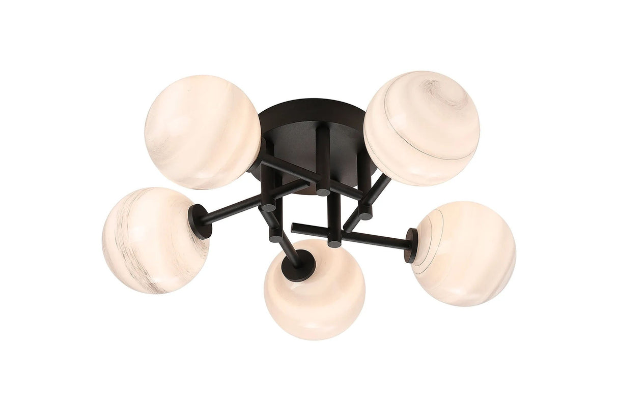 Whitley Round Semi Flush Ceiling 5 Light IP44 Satin Black/Grey Round Marble Effect Glass