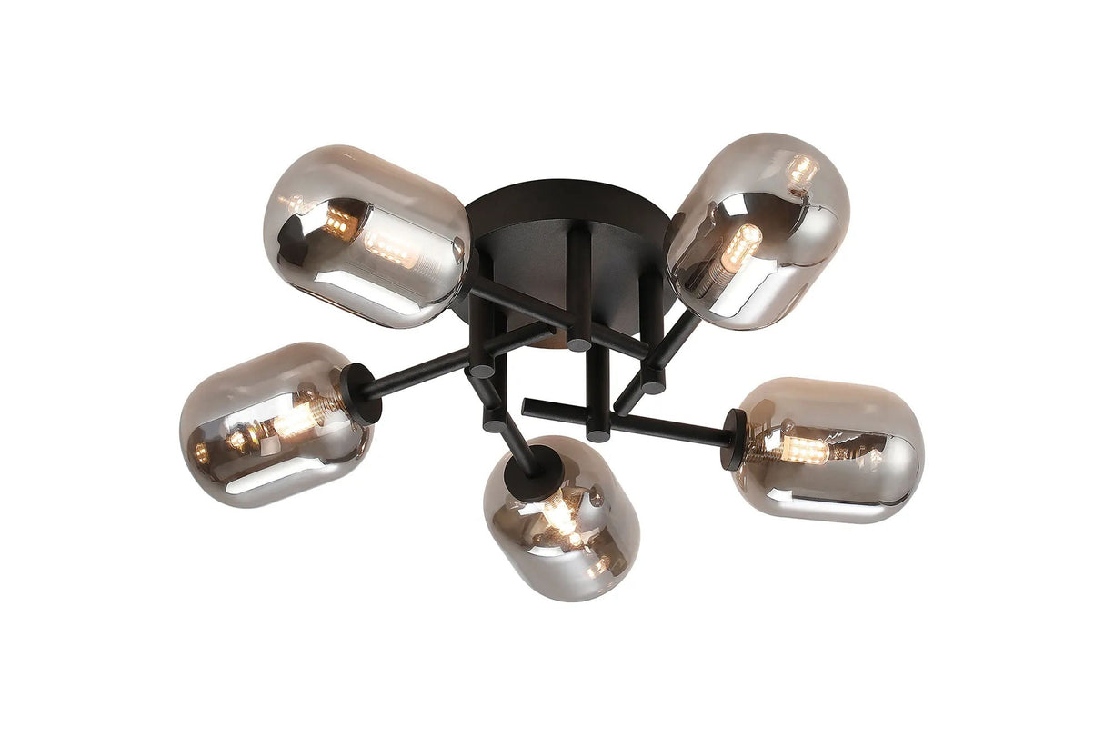 Whitley Round Semi Flush Ceiling 5 Light IP44 Satin Black/Smoke Smooth Tubular Glass