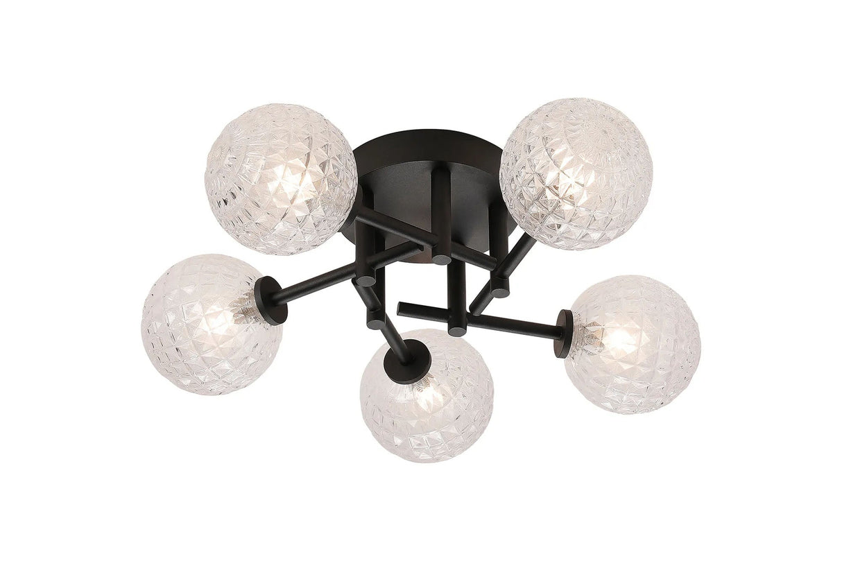Whitley Round Semi Flush Ceiling 5 Light IP44 Satin Black/Clear Cross Pattern Round Glass