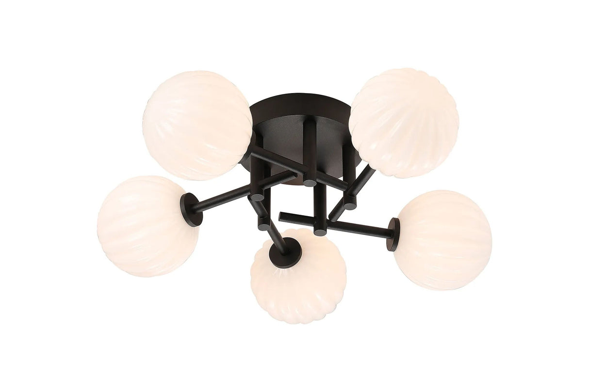 Whitley Round Semi Flush Ceiling 5 Light IP44 Satin Black/Opal Round Segment Glass