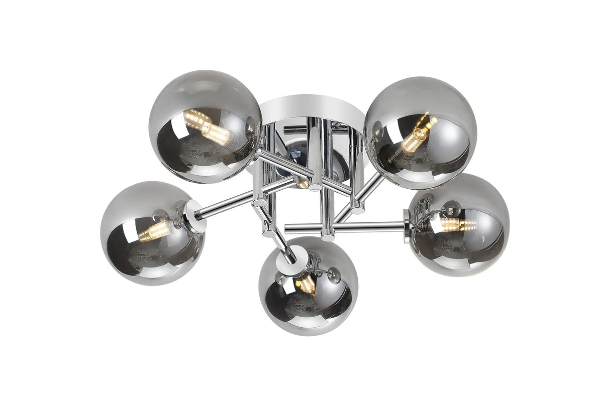 Whitley Round Semi Flush Ceiling 5 Light IP44 Polished Chrome/Smoke Smooth Round Glass