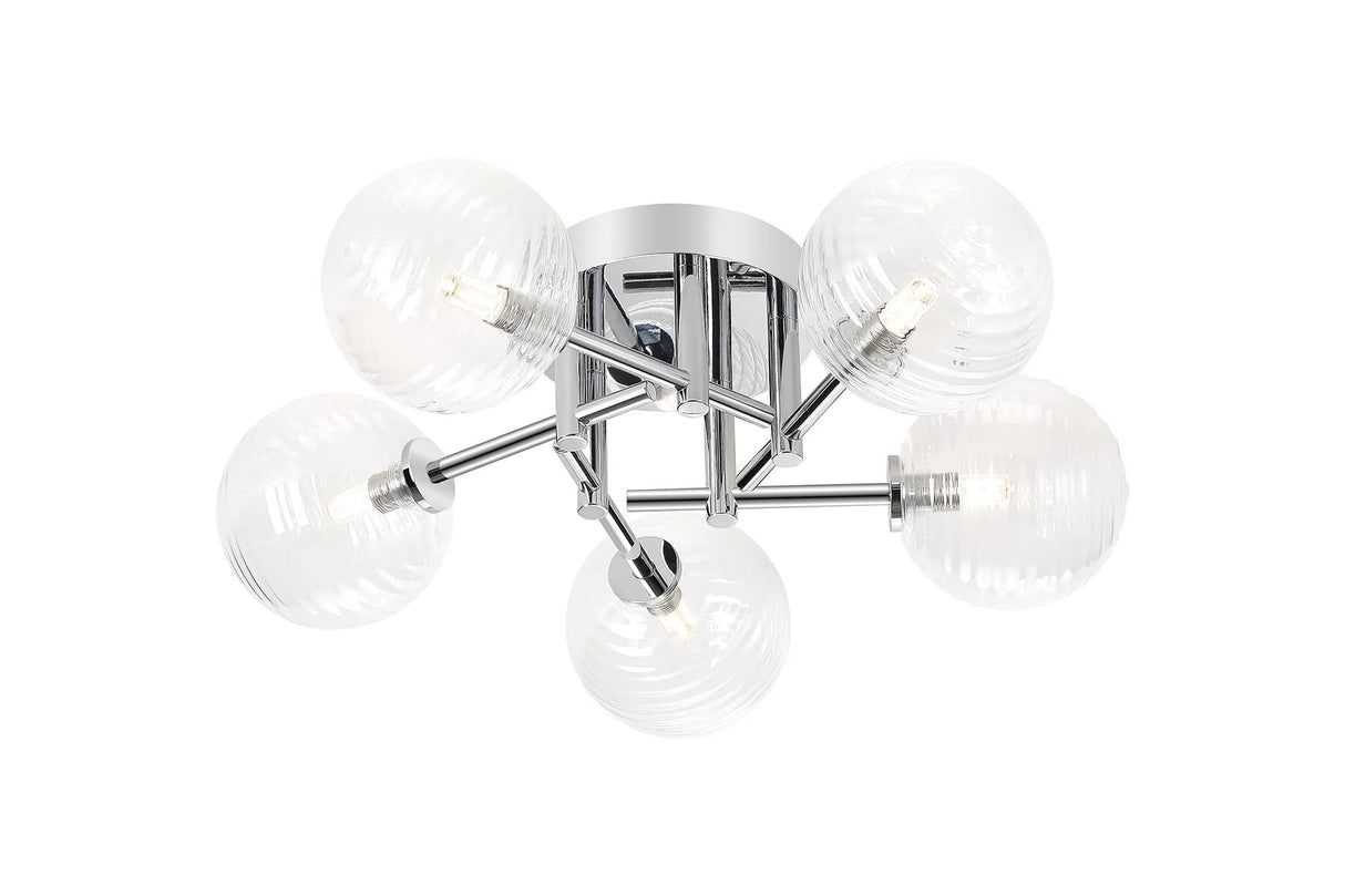 Whitley Round Semi Flush Ceiling 5 Light IP44 Polished Chrome/Clear Ribbed Round Glass