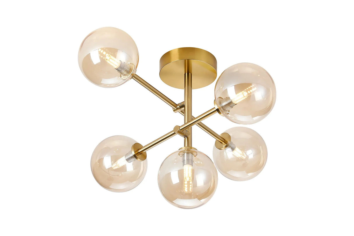Whitley Semi Flush Ceiling 5 Light Tiered Adjustable Arms IP44 Brass Gold/Amber Smooth Round Glass