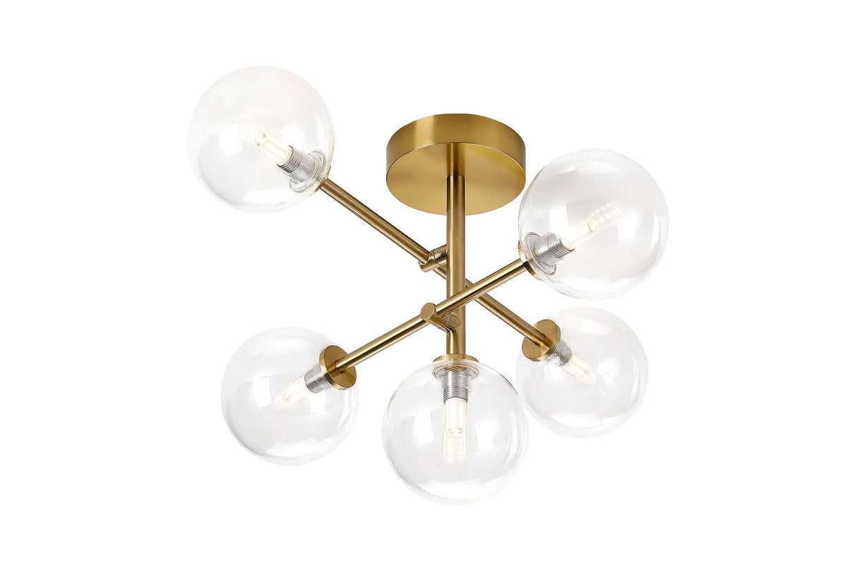 Whitley Semi Flush Ceiling 5 Light Tiered Adjustable Arms IP44 Brass Gold/Clear Smooth Round Glass