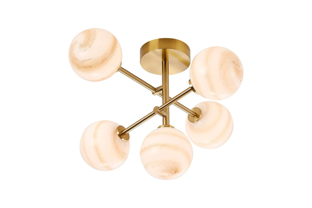 Whitley Semi Flush Ceiling 5 Light Tiered Adjustable Arms IP44 Brass Gold/Brown Round Marble Effect Glass