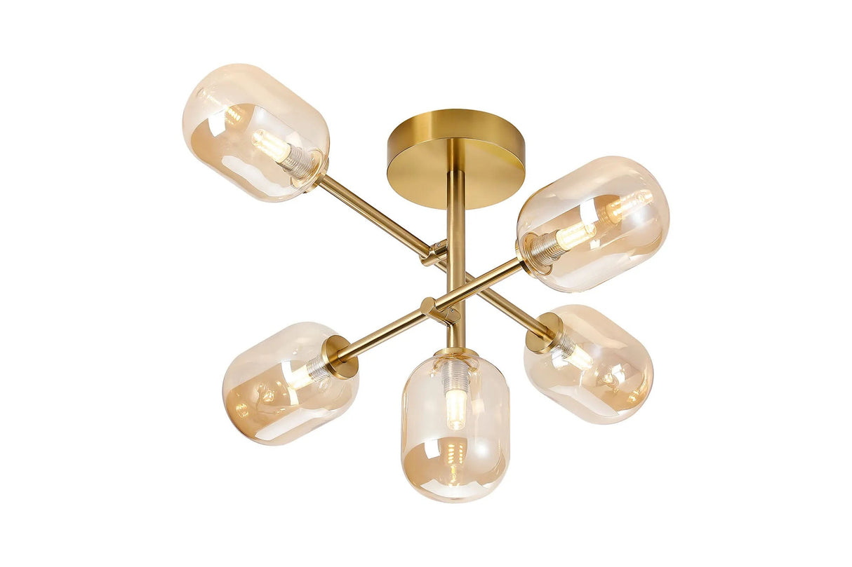 Whitley Semi Flush Ceiling 5 Light Tiered Adjustable Arms IP44 Brass Gold/Amber Smooth Tubular Glass