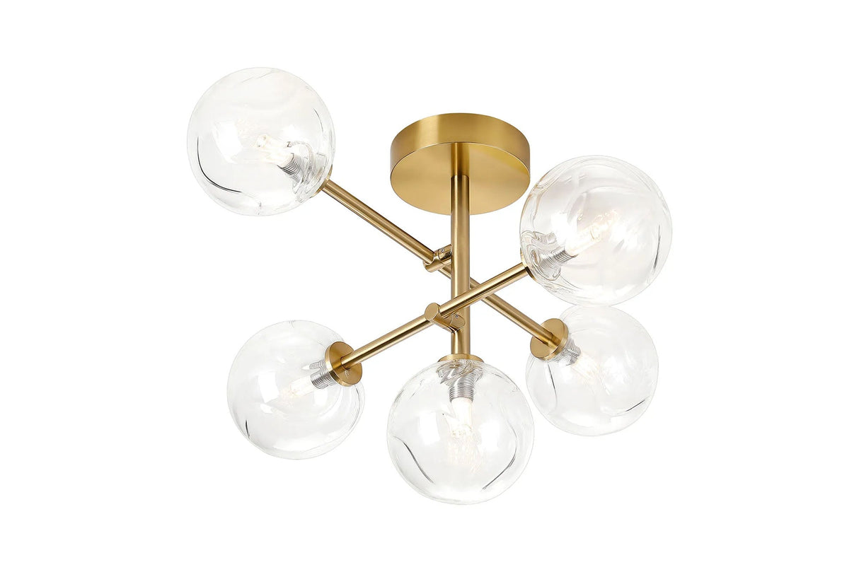 Whitley Semi Flush Ceiling 5 Light Tiered Adjustable Arms IP44 Brass Gold/Clear Waved Round Glass