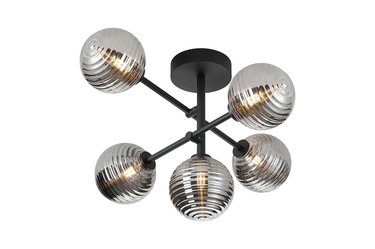 Whitley Semi Flush Ceiling 5 Light Tiered Adjustable Arms IP44 Polished Chrome/Smoke Ribbed Round Glass