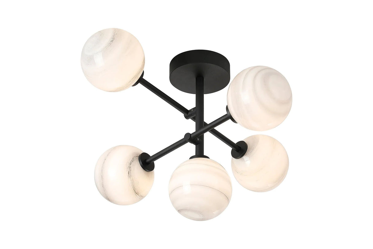 Whitley Semi Flush Ceiling 5 Light Tiered Adjustable Arms IP44 Polished Chrome/Grey Round Marble Effect Glass