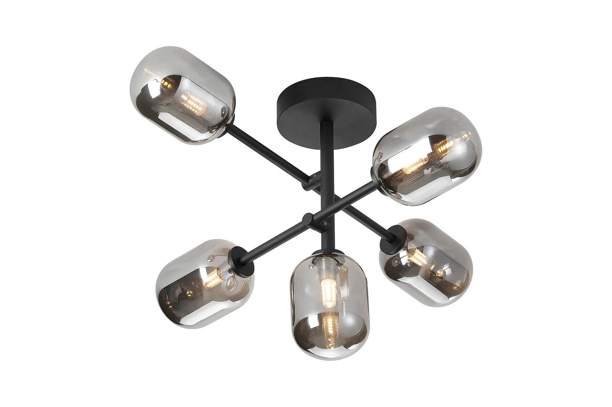 Whitley Semi Flush Ceiling 5 Light Tiered Adjustable Arms IP44 Polished Chrome/Smoke Smooth Tubular Glass