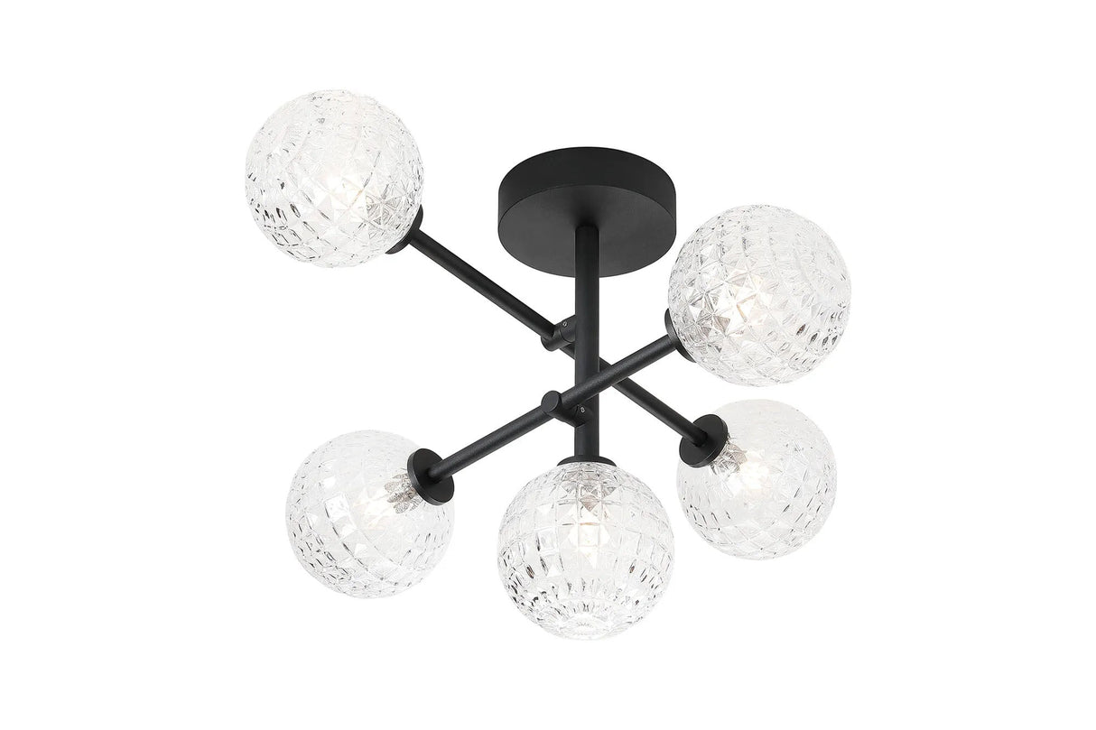 Whitley Semi Flush Ceiling 5 Light Tiered Adjustable Arms IP44 Polished Chrome/Clear Cross Pattern Round Glass