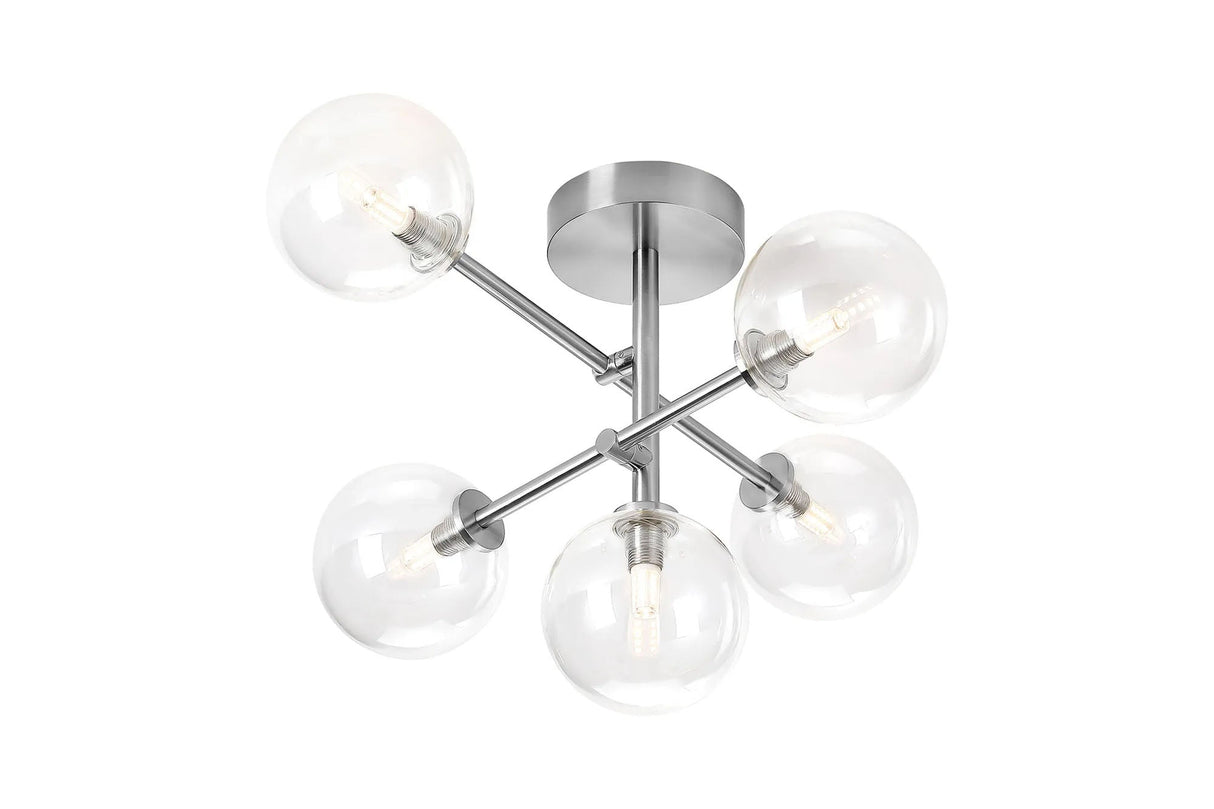 Whitley Semi Flush Ceiling Tiered Adjustable Arms, 5 Light G9, IP44, Polished Chrome/Clear Smooth Round Glass