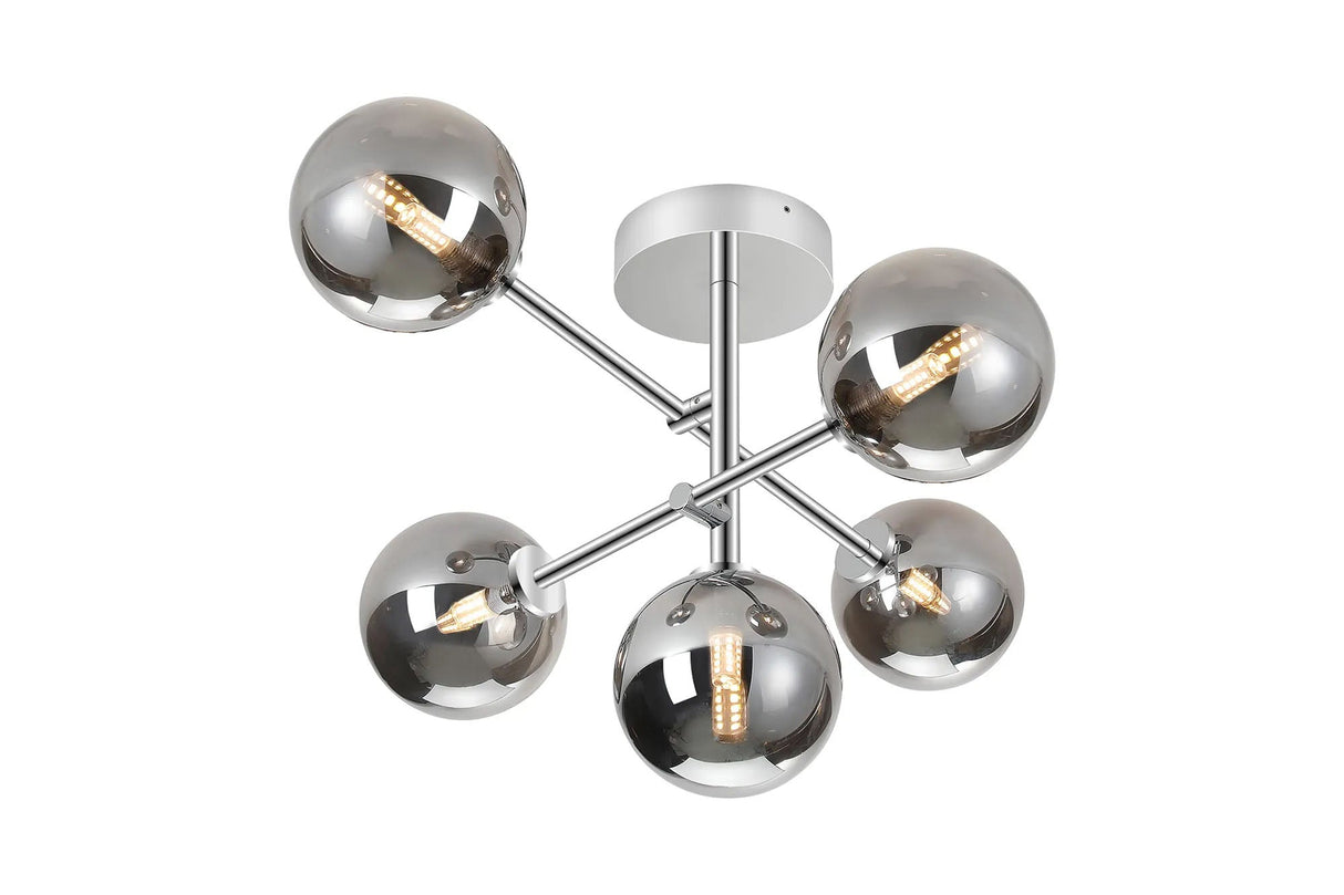 Whitley Semi Flush Ceiling 5 Light Tiered Adjustable Arms IP44 Polished Chrome/Smoke Smooth Round Glass