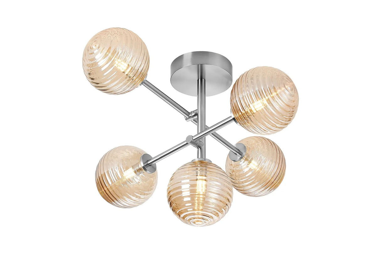 Whitley Semi Flush Ceiling Tiered Adjustable Arms, 5 Light G9, IP44, Polished Chrome/Amber Ribbed Round Glass