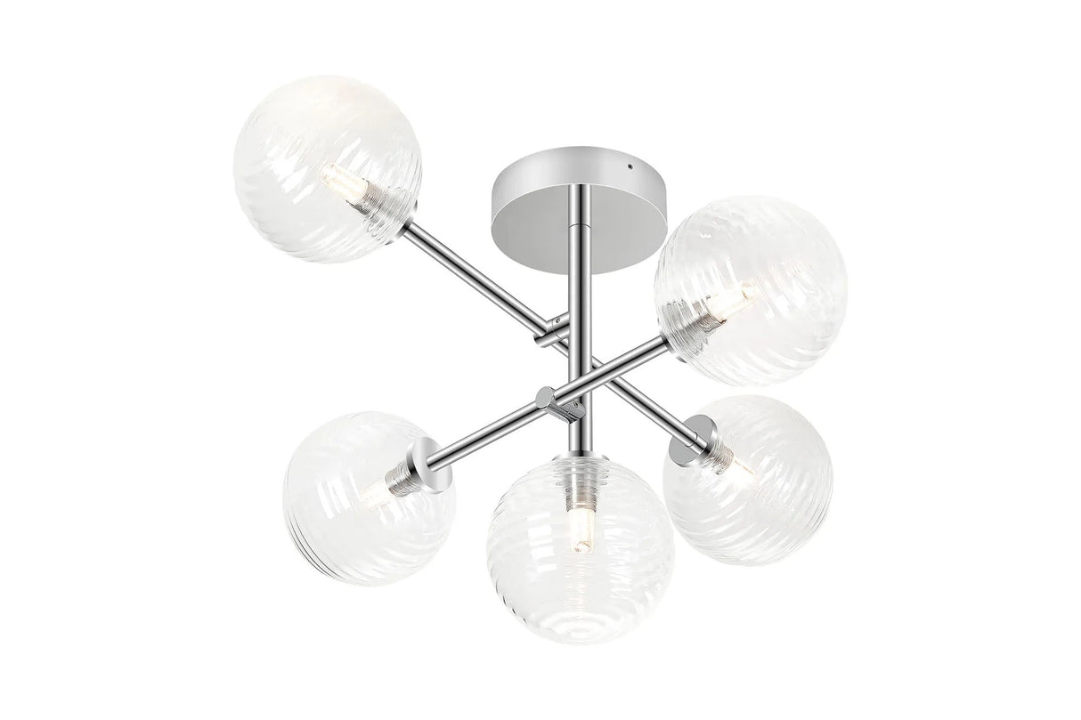 Whitley Semi Flush Ceiling 5 Light Tiered Adjustable Arms IP44 Polished Chrome/Clear Ribbed Round Glass