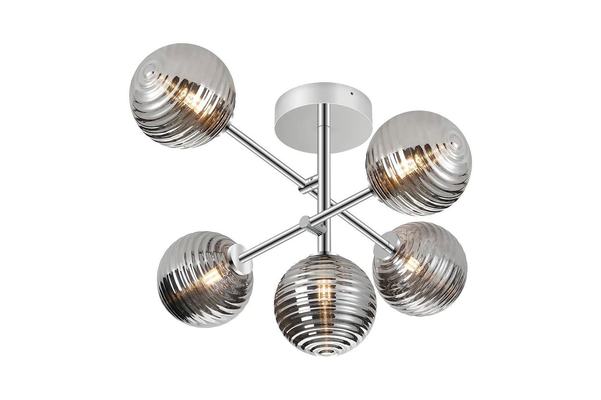 Whitley Semi Flush Ceiling Tiered Adjustable Arms, 5 Light G9, IP44, Polished Chrome/Smoke Ribbed Round Glass