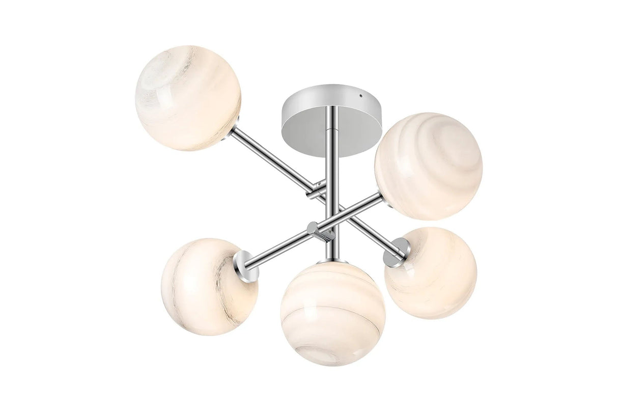 Whitley Semi Flush Ceiling Tiered Adjustable Arms, 5 Light G9, IP44, Polished Chrome/Grey/White Round Marble Effect Glass