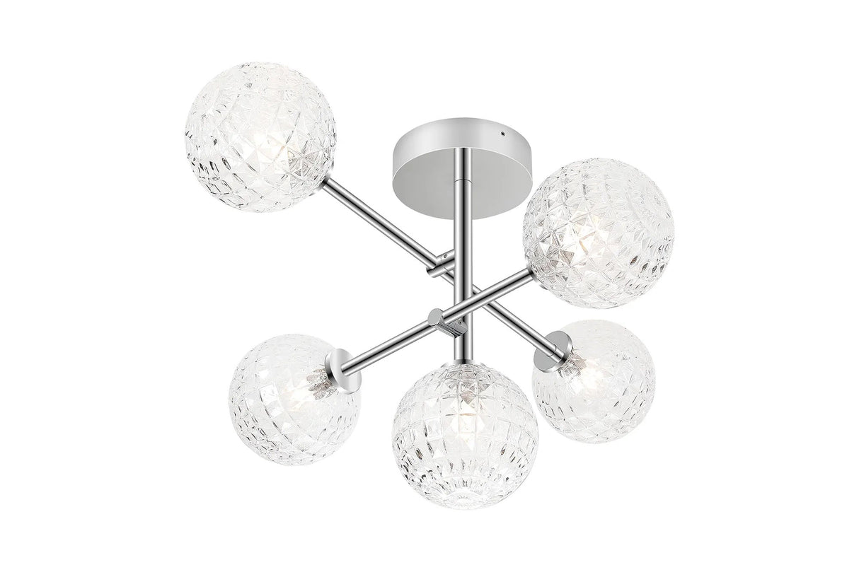 Whitley Semi Flush Ceiling Tiered Adjustable Arms, 5 Light G9, IP44, Polished Chrome/Clear Cross Pattern Round Glass