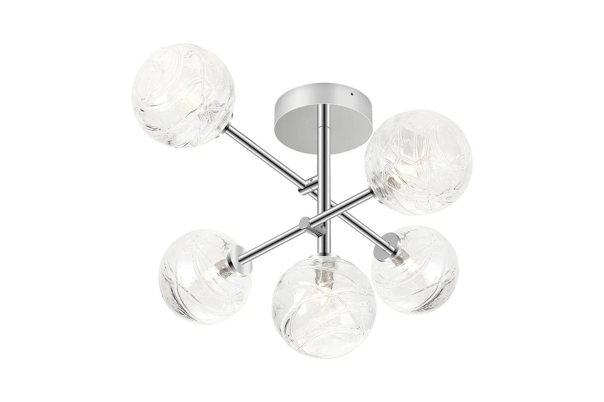 Whitley Semi Flush Ceiling 5 Light Tiered Adjustable Arms IP44 Polished Chrome/Clear Dune Effect Round Glass