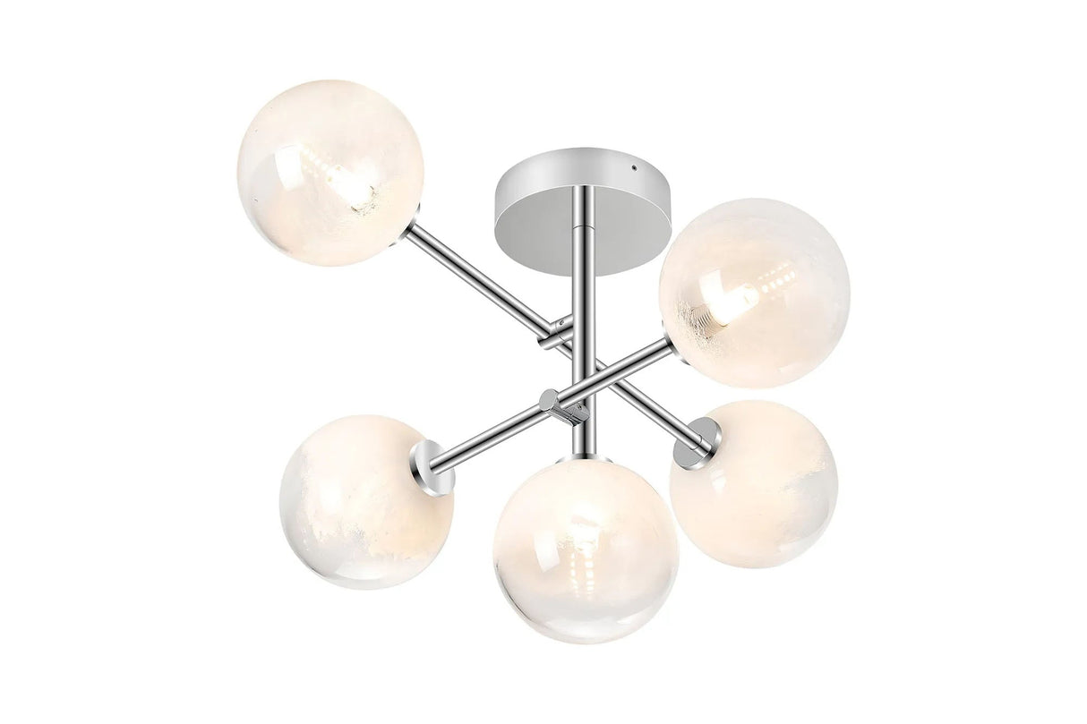 Whitley Semi Flush Ceiling 5 Light Tiered Adjustable Arms IP44 Polished Chrome/White Two-Tone Snow Specks Round Glass