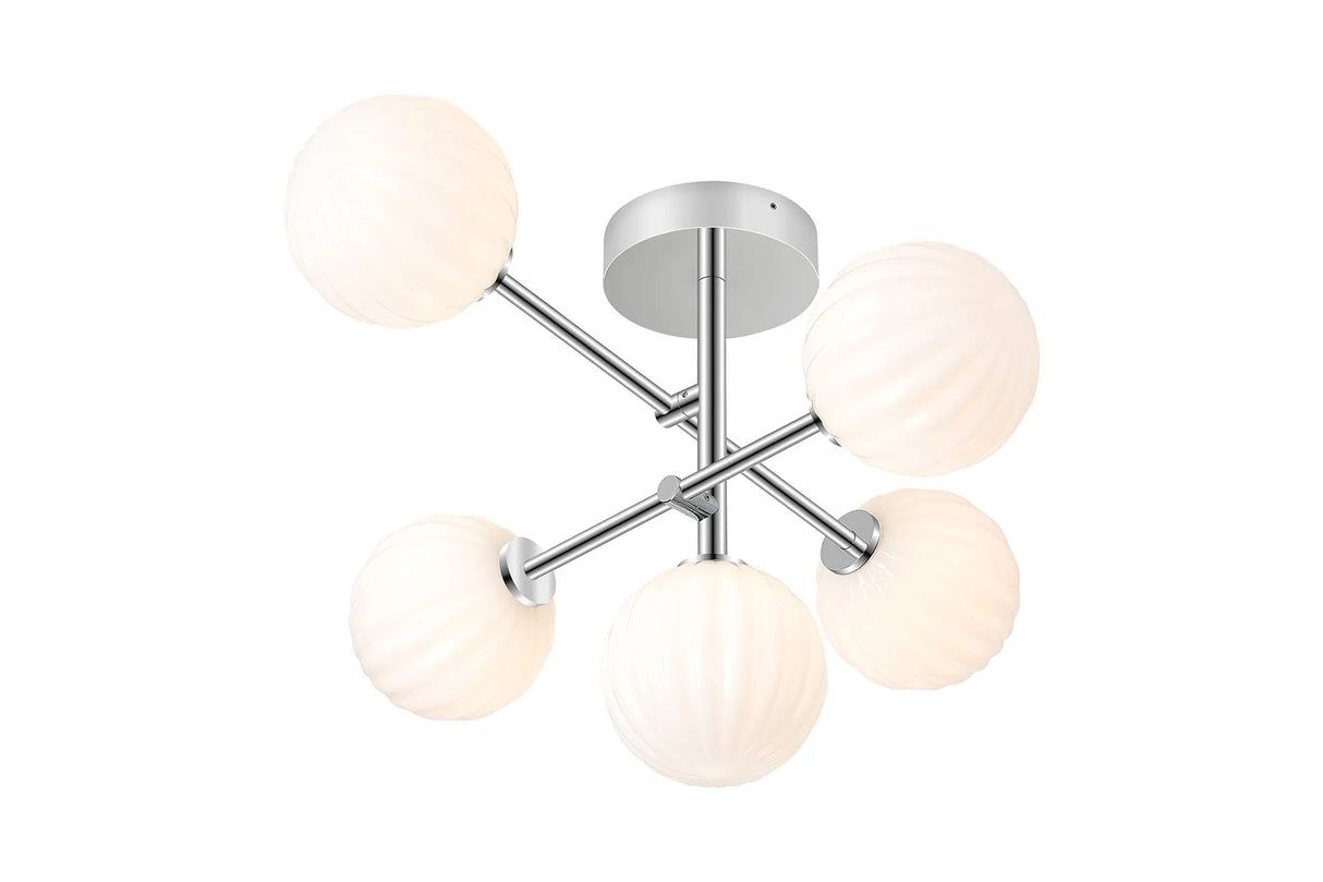 Whitley Semi Flush Ceiling Tiered Adjustable Arms, 5 Light G9, IP44, Polished Chrome/Opal Round Segment Glass