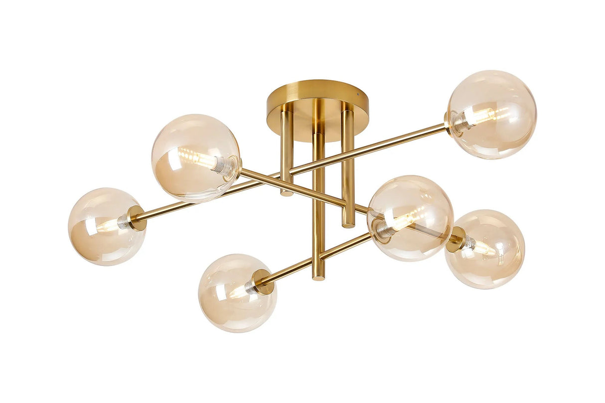 Whitley Semi Flush Ceiling 6 Light Tiered IP44 Brass Gold/Amber Smooth Round Glass
