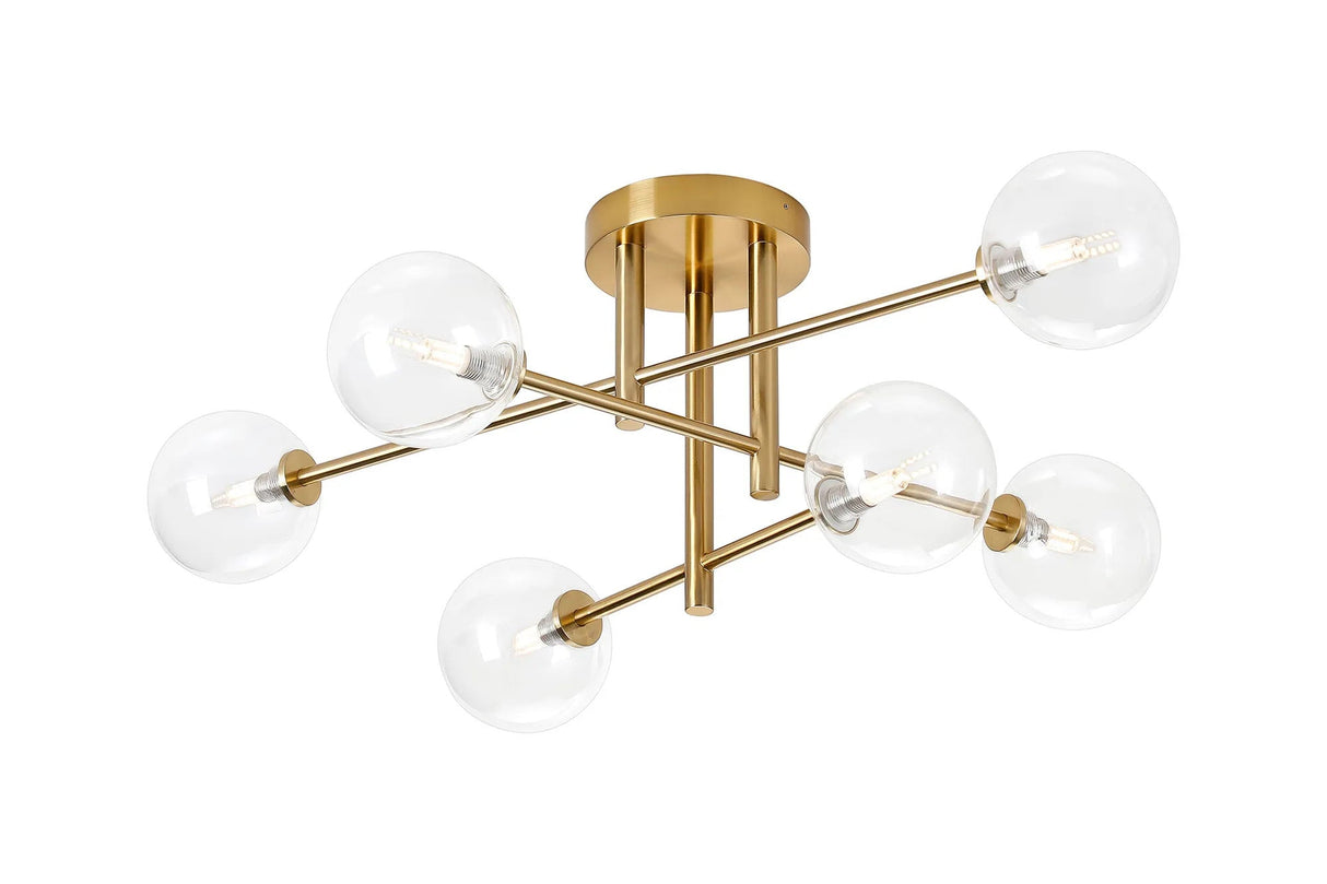 Whitley Semi Flush Ceiling 6 Light Tiered IP44 Brass Gold/Clear Smooth Round Glass