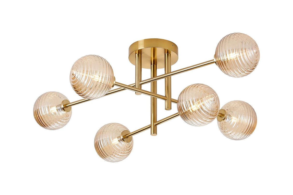 Whitley Semi Flush Ceiling 6 Light Tiered IP44 Brass Gold/Amber Ribbed Round Glass
