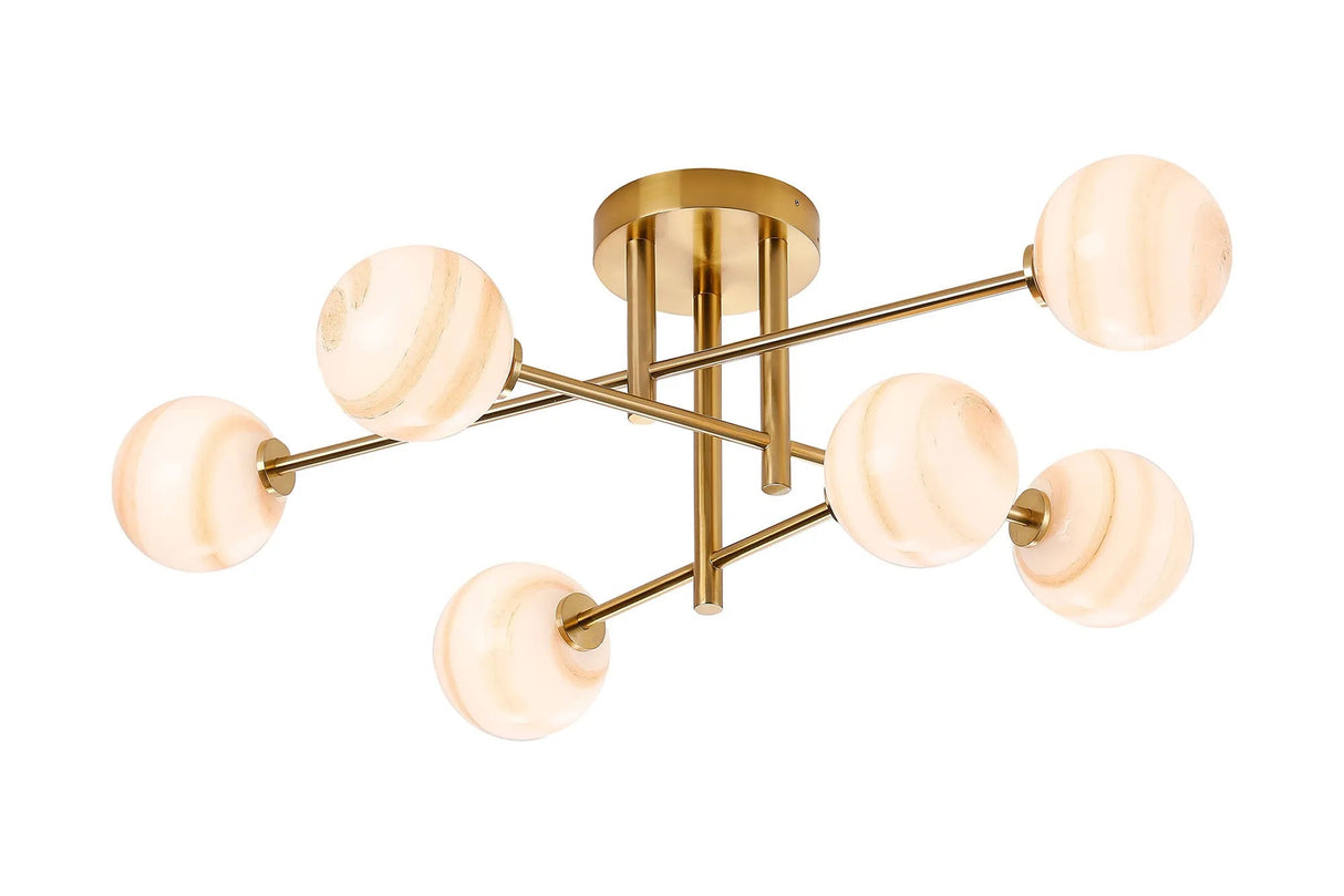 Whitley Semi Flush Ceiling 6 Light Tiered IP44 Brass Gold/Brown Round Marble Effect Glass