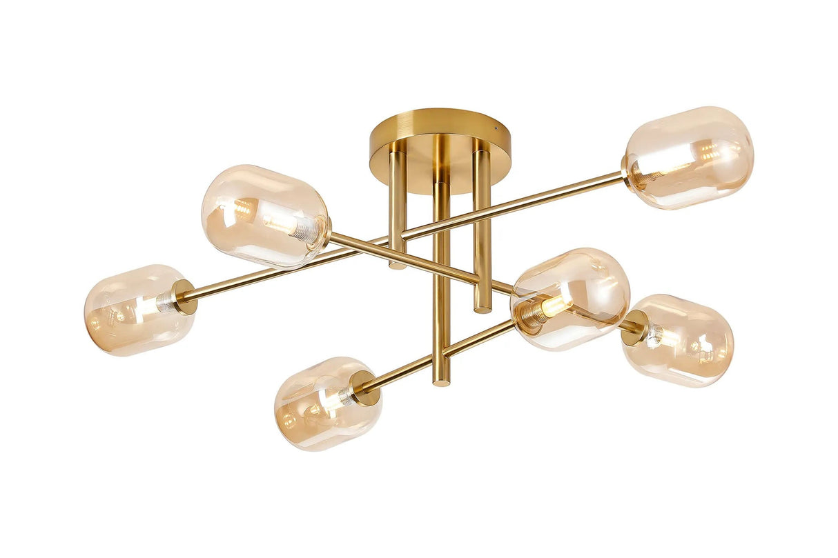 Whitley Semi Flush Ceiling 6 Light Tiered IP44 Brass Gold/Amber Smooth Tubular Glass