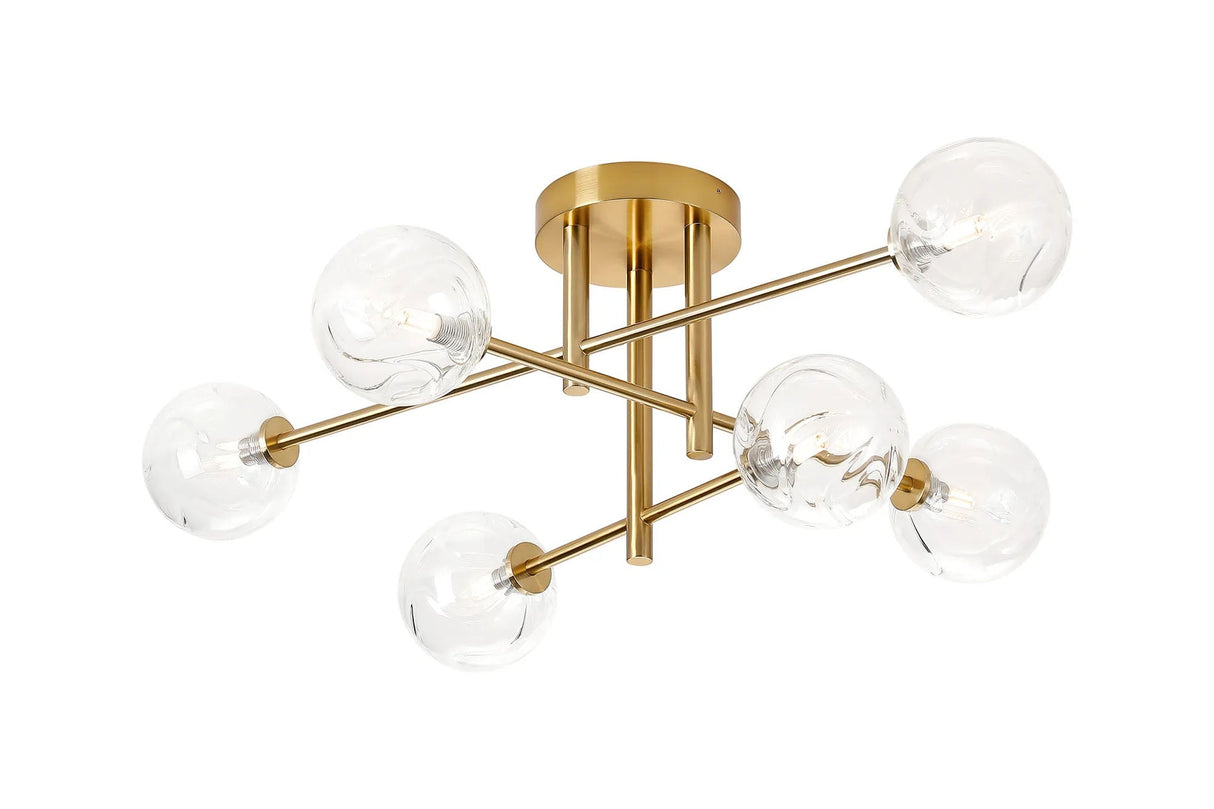 Whitley Semi Flush Ceiling 6 Light Tiered IP44 Brass Gold/Clear Waved Round Glass