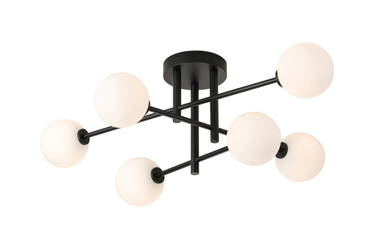 Whitley Semi Flush Ceiling 6 Light Tiered IP44 Satin Black/Opal Smooth Round Glass