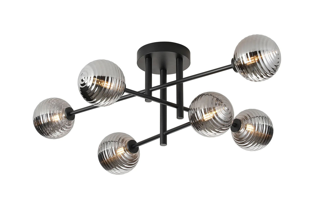 Whitley Semi Flush Ceiling 6 Light Tiered IP44 Satin Black/Smoke Ribbed Round Glass