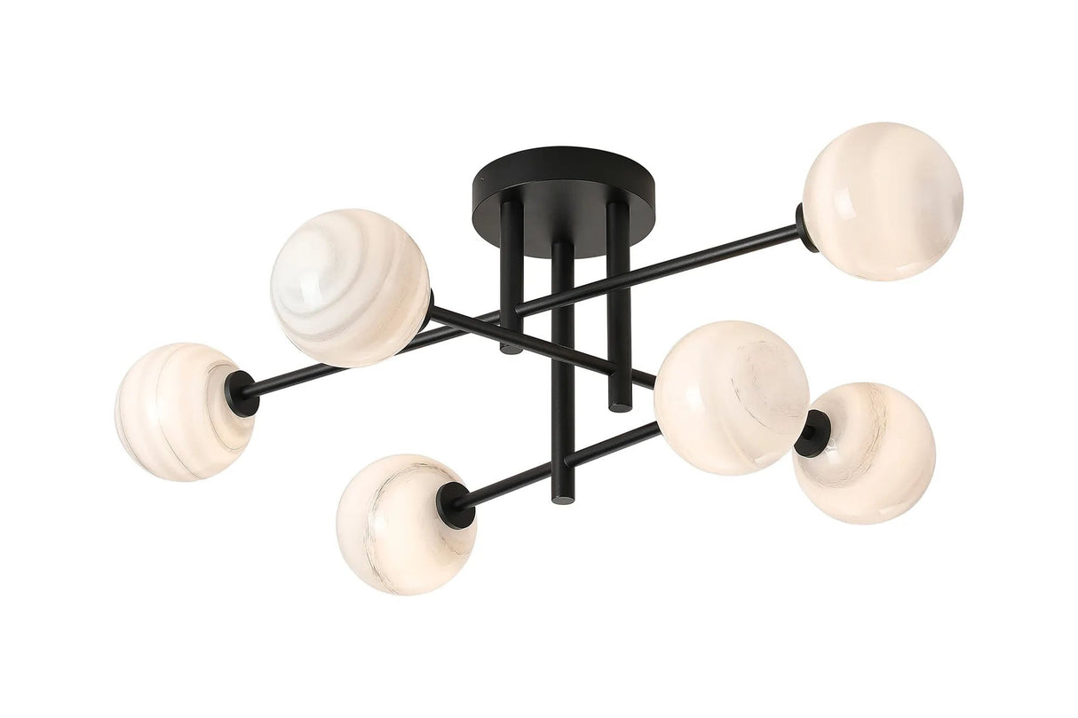 Whitley Semi Flush Ceiling 6 Light Tiered IP44 Satin Black/Grey Round Marble Effect Glass