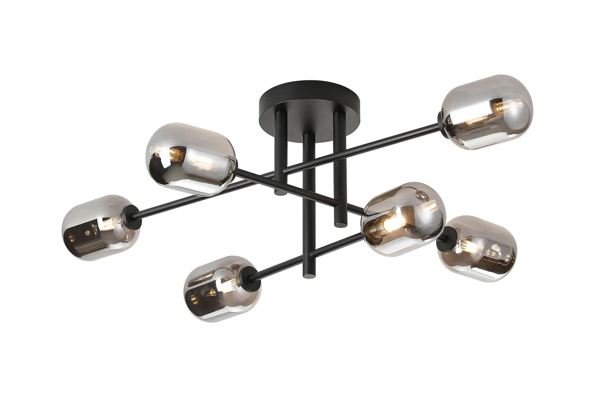 Whitley Semi Flush Ceiling 6 Light Tiered IP44 Satin Black/Smoke Smooth Tubular Glass