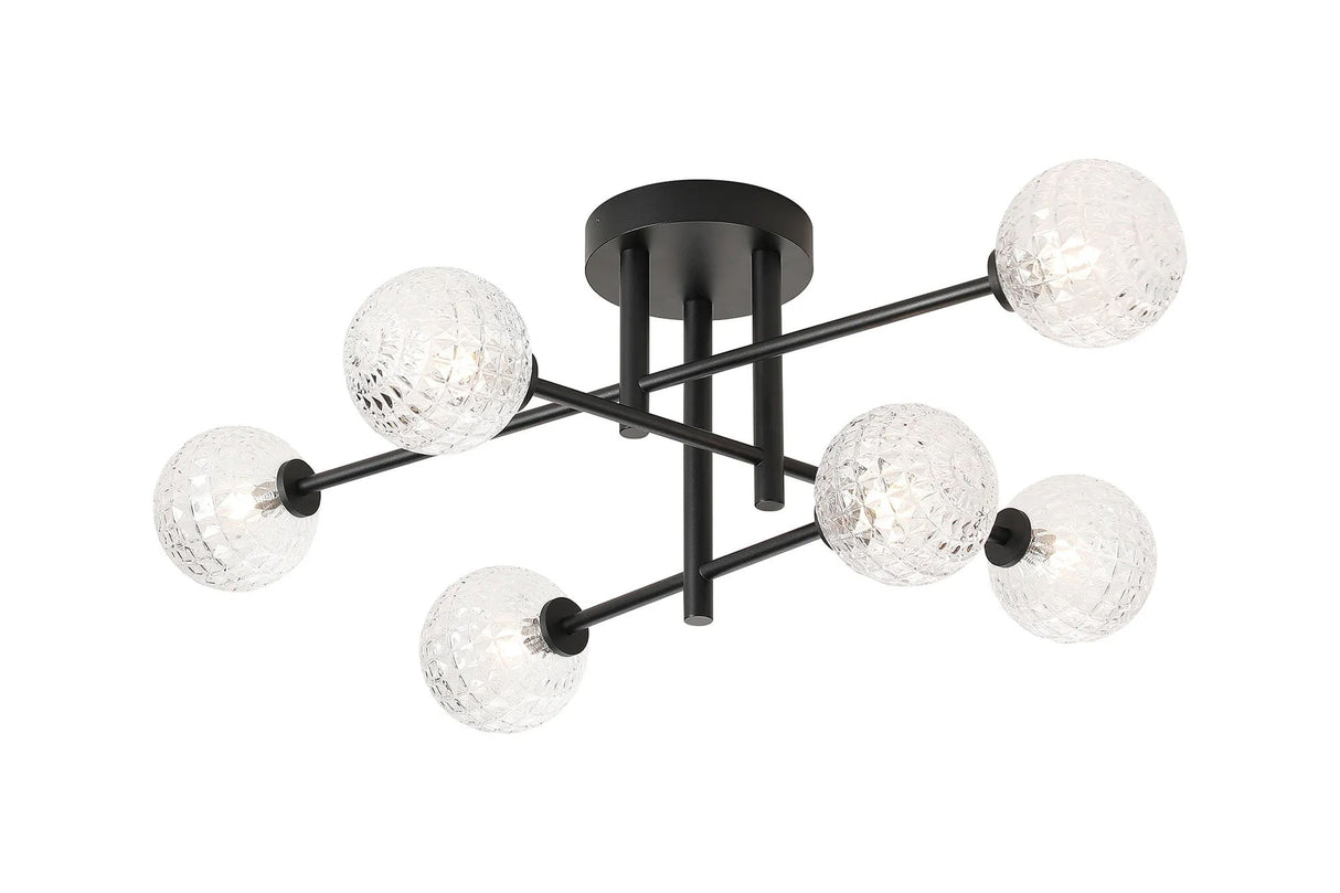 Whitley Semi Flush Ceiling 6 Light Tiered IP44 Satin Black/Clear Cross Pattern Round Glass