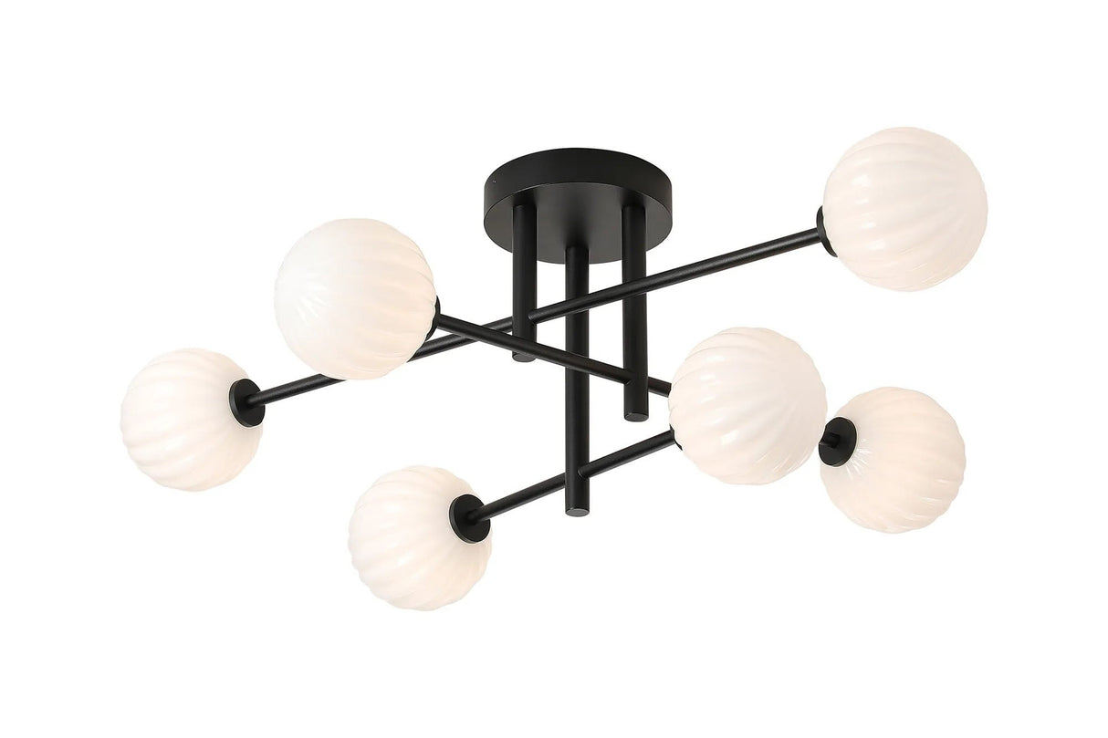 Whitley Semi Flush Ceiling 6 Light Tiered IP44 Satin Black/Opal Round Segment Glass