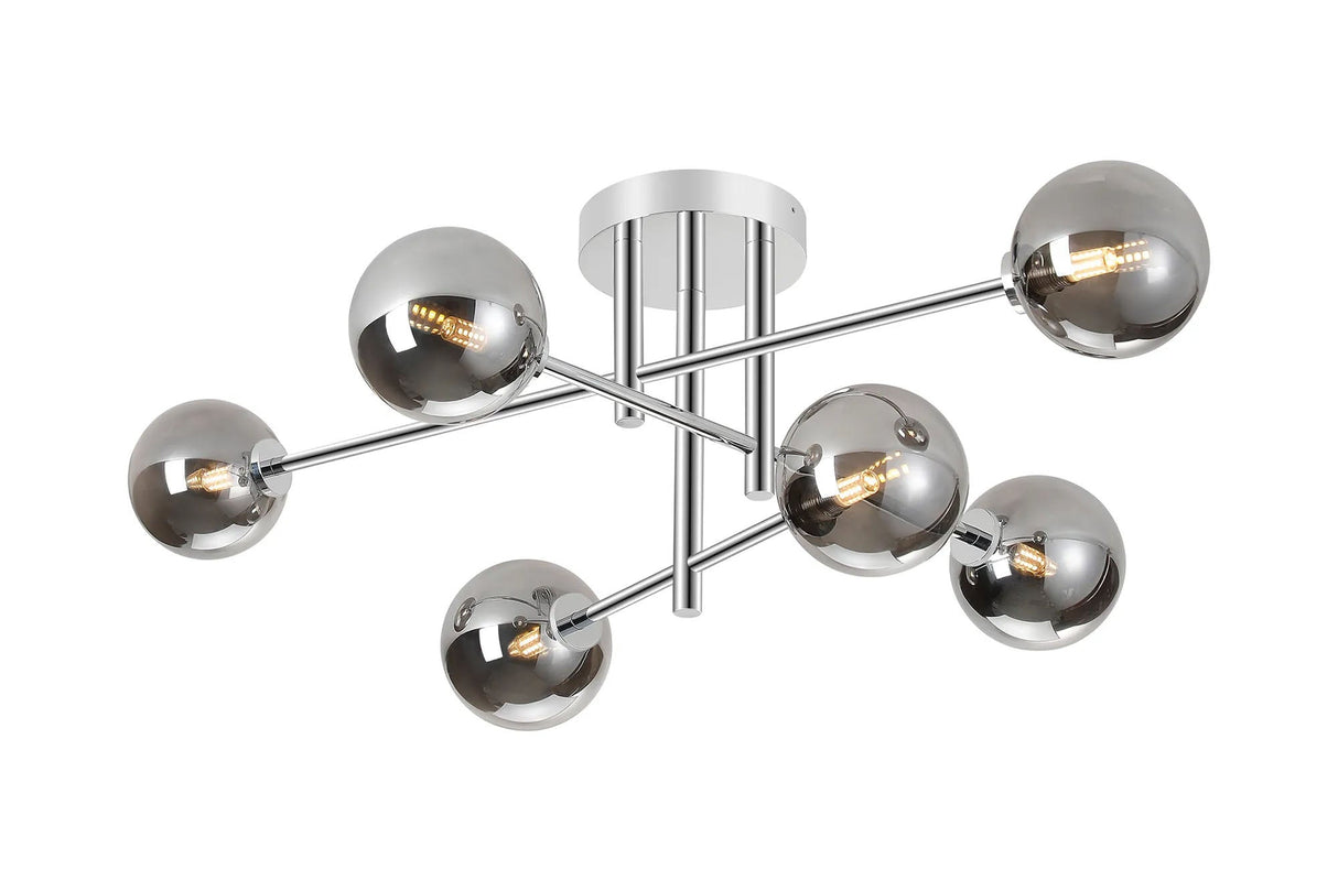 Whitley Semi Flush Ceiling 6 Light Tiered IP44 Polished Chrome/Smoke Smooth Round Glass