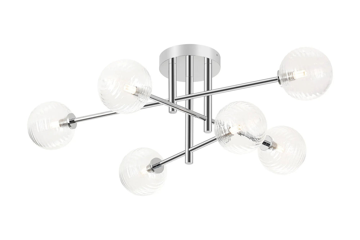Whitley Semi Flush Ceiling 6 Light Tiered IP44 Polished Chrome/Clear Ribbed Round Glass