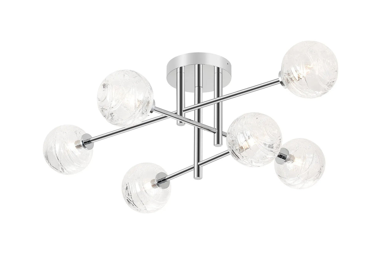 Whitley Semi Flush Ceiling 6 Light Tiered IP44 Polished Chrome/Clear Dune Effect Round Glass