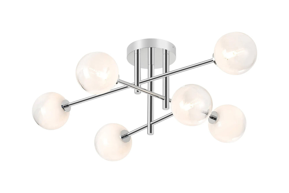 Whitley Semi Flush Ceiling 6 Light Tiered IP44 Polished Chrome/White Two-Tone Snow Specks Round Glass