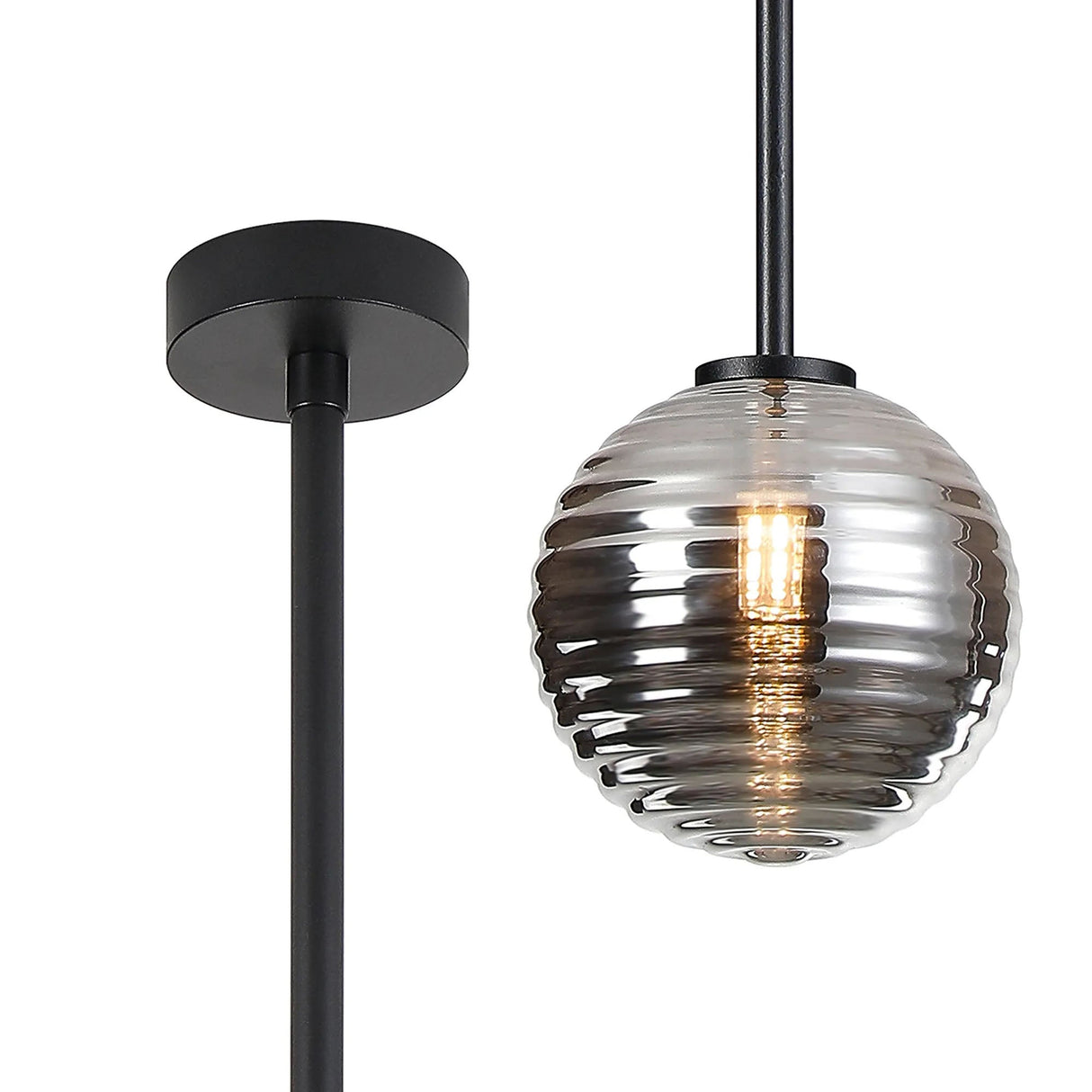 Whitley Telescopic Pendant 1 Light IP44 Satin Black/Smoke Ribbed Round Glass