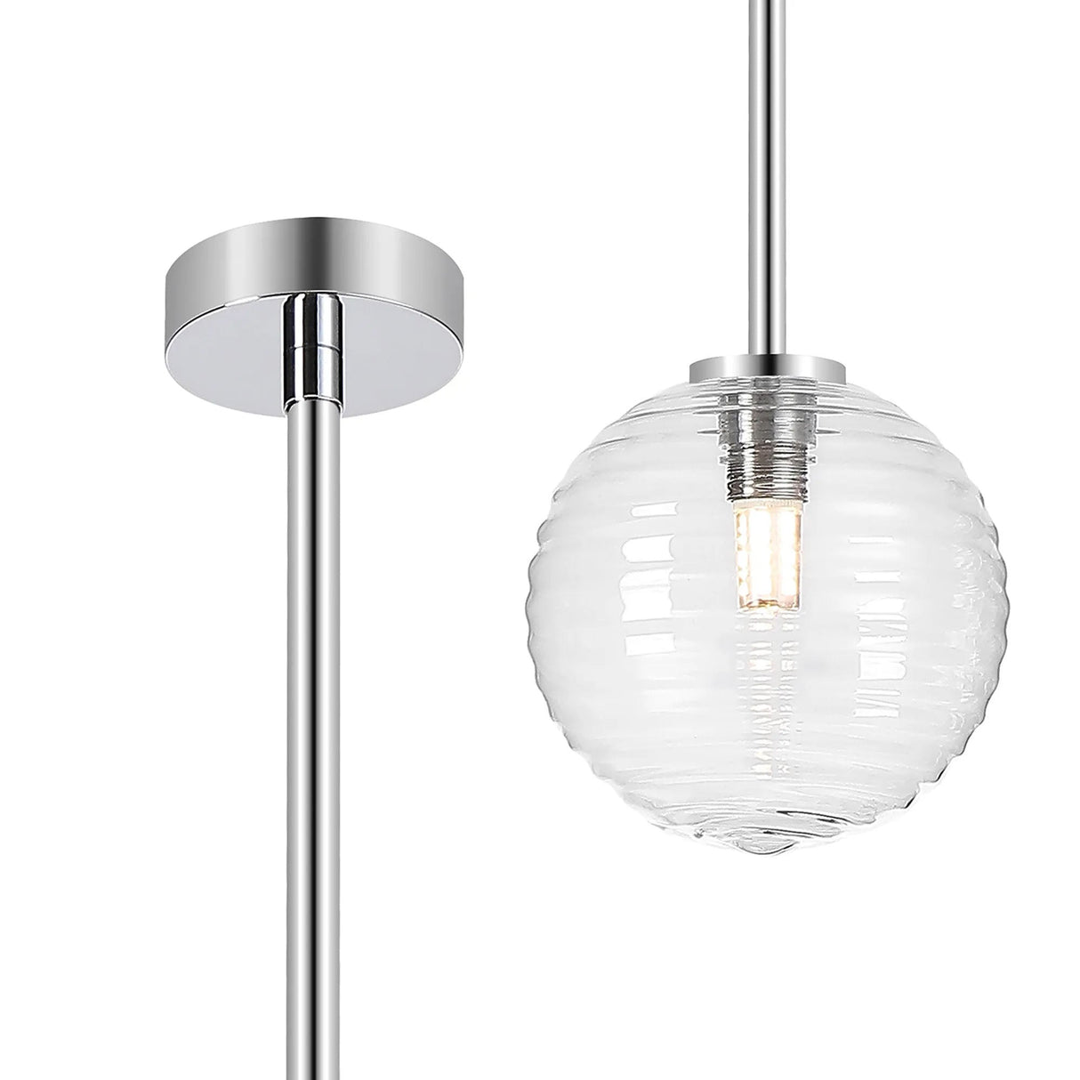Whitley Telescopic Pendant 1 Light IP44 Polished Chrome/Clear Ribbed Round Glass