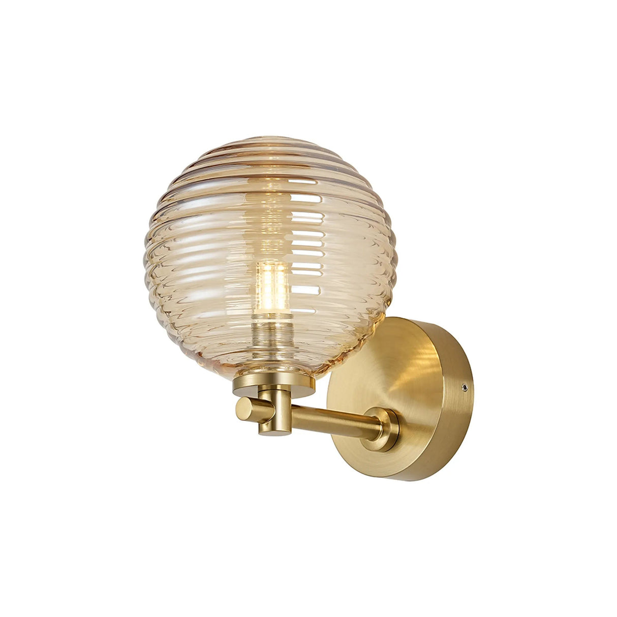 Whitley Short Arm Wall Lamp 1 Light IP44 Brass Gold/Amber Ribbed Round Glass