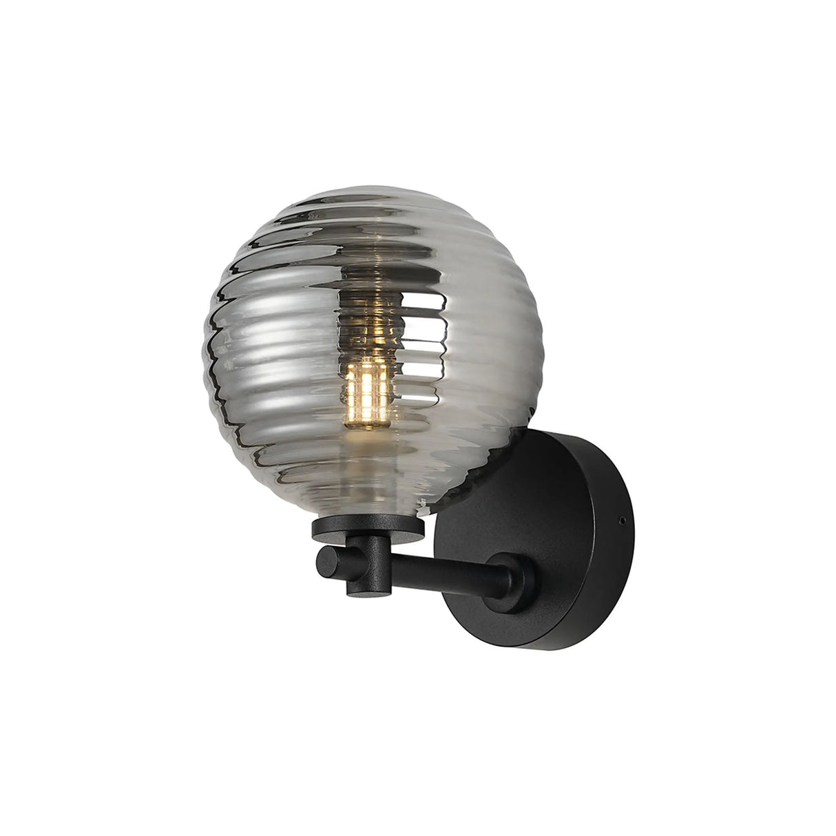 Whitley Short Arm Wall Lamp 1 Light IP44 Satin Black/Smoke Ribbed Round Glass